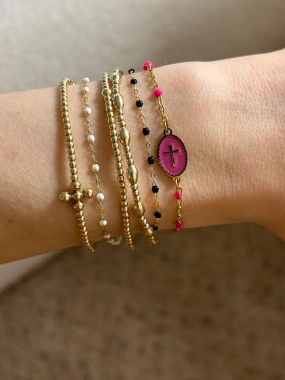 The Carter  Dainty gold & pink beaded cross adjustable bracelet delicate jeweled